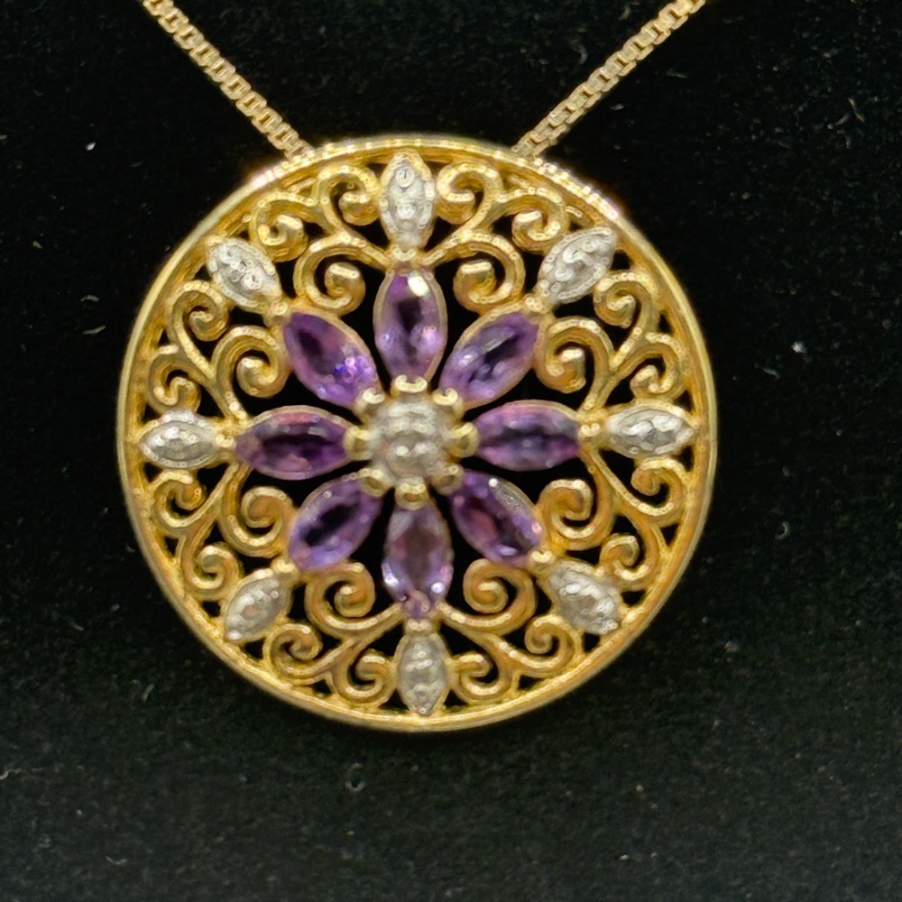 Elegant Gold Played Sterling Pendant Necklace with Natural Diamonds and Amethyst